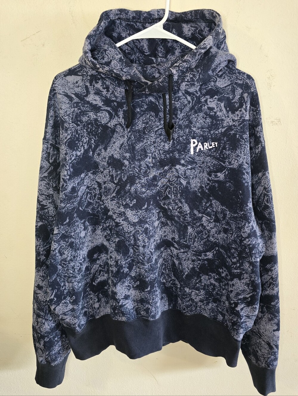 adidas Parley Hoodie Men's L Blue Gray Marble Print Pullover 2 Pocket Sweatshirt